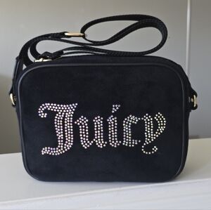 Juicy Couture Obsession Camera Crossbody Black Velour Rhinestone Logo